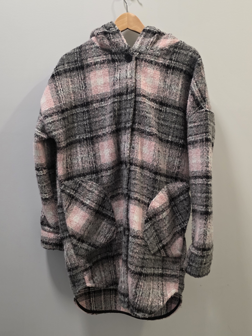 RD Style Conscious Plaid Hooded Coat Pink Grey Black Size S